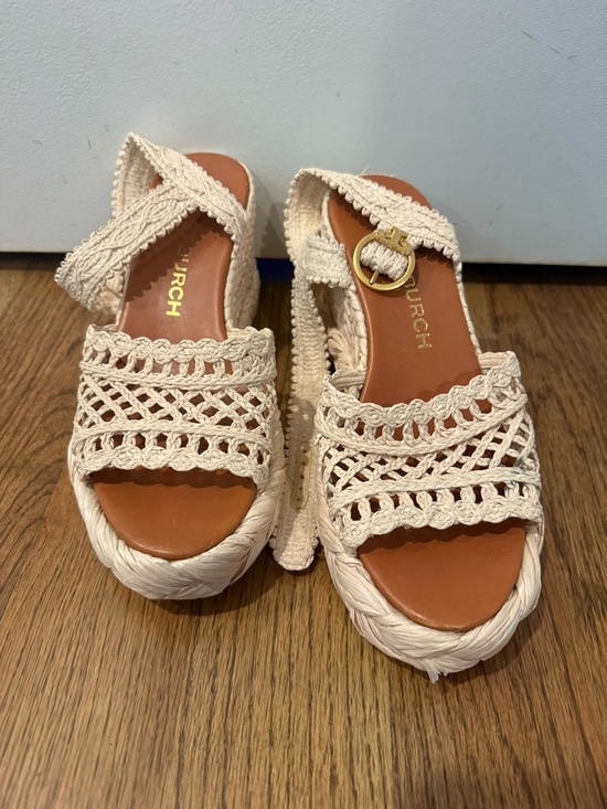 Tory Burch Shoes - Tory Burch Cream Crochet Wedge Sandals with Gold Buckle